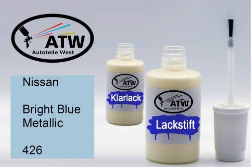 Nissan, Bright Blue Metallic, 426: 20ml Lackstift + 20ml Klarlack - Set, von ATW Autoteile West.